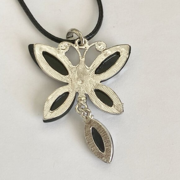 Vintage Black Acrylic Butterfly Necklace Pendant Silver Plated Jeweled Cut 18" - Picture 5 of 7